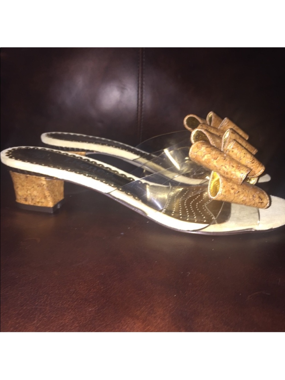 J.Renee Clear Strap Cork Bow Mules in Natural Cork and Clear